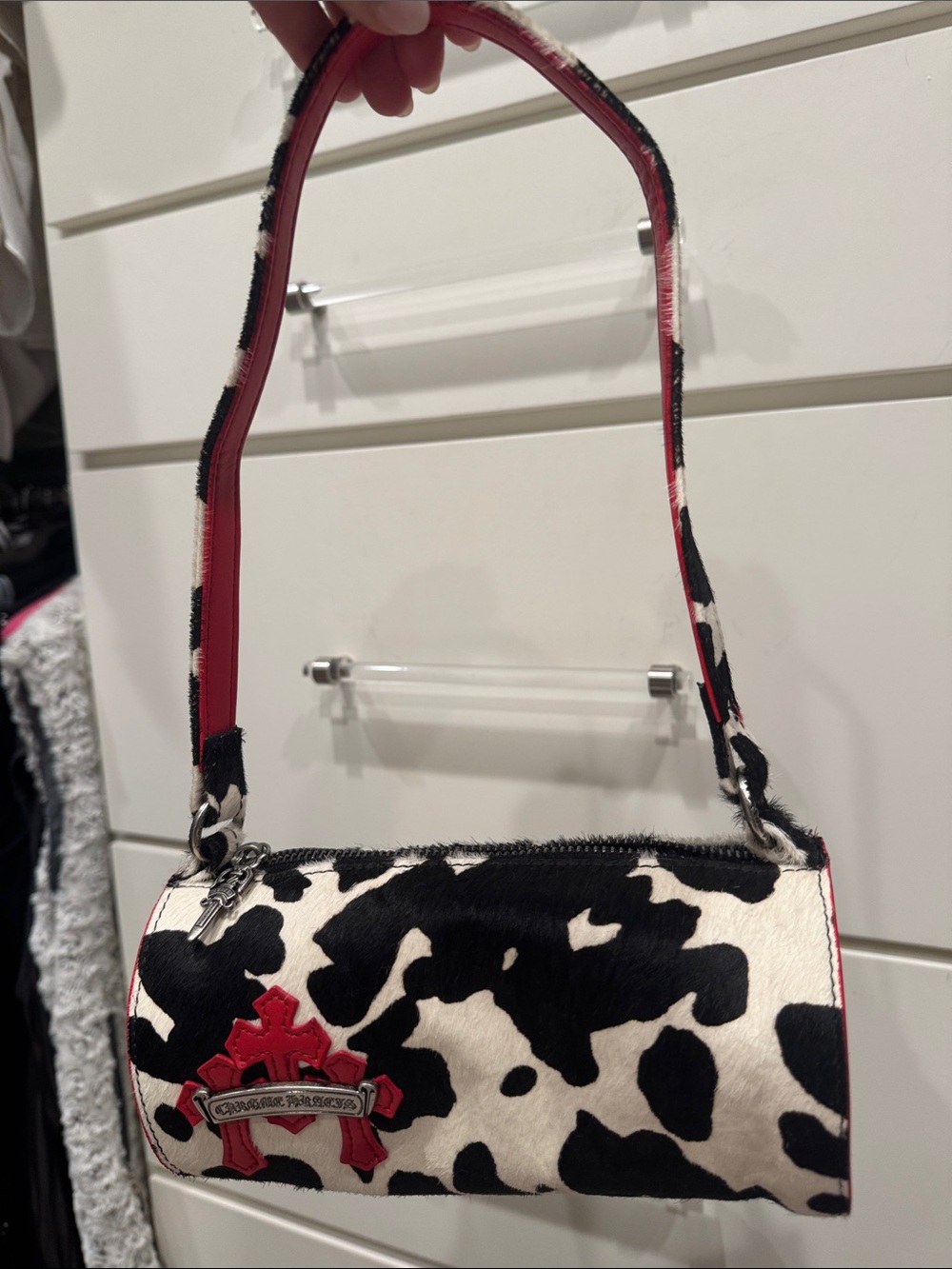 Cow Print Barrel Shoulder Bag in Black, White & Red